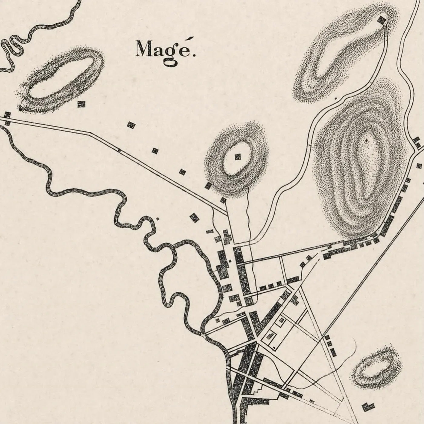 Mapa histórico gravado de Magé, com o traçado da vila, os rios e as elevações representadas em hachura.